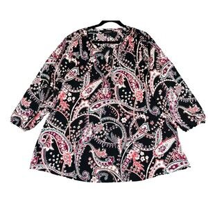 Lane Bryant Womens Top 18 Black Pink Teal Paisley Boho Chic Pullover 3/4 Sleeves